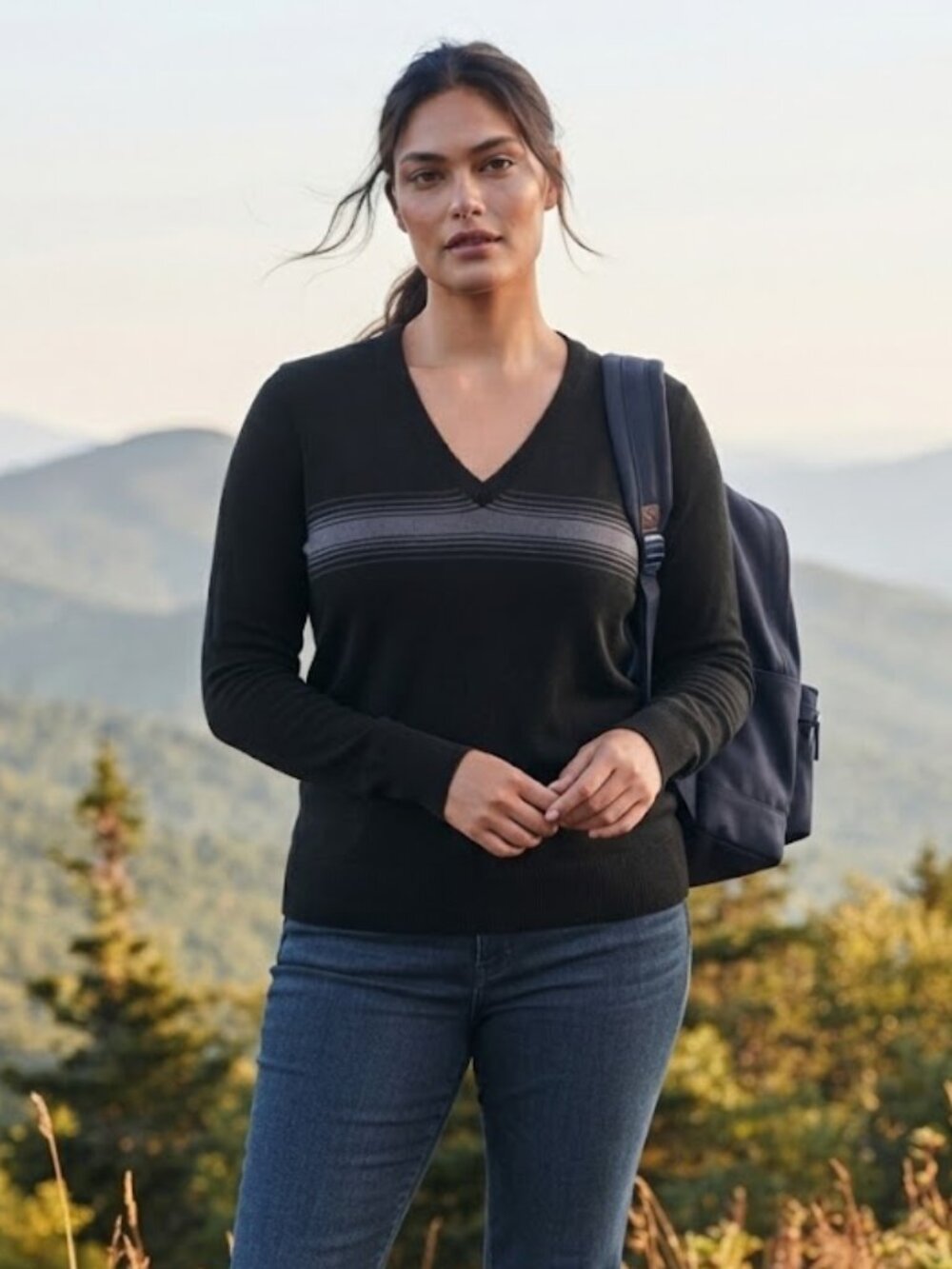 Banana Republic Black V-Neck Sweater with Striped Chest Accent XL